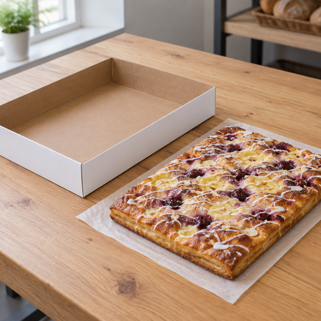 Stemningsbillede af kageemballage ved pakkebord, ikke foto af de konkrete kagemandsæsker