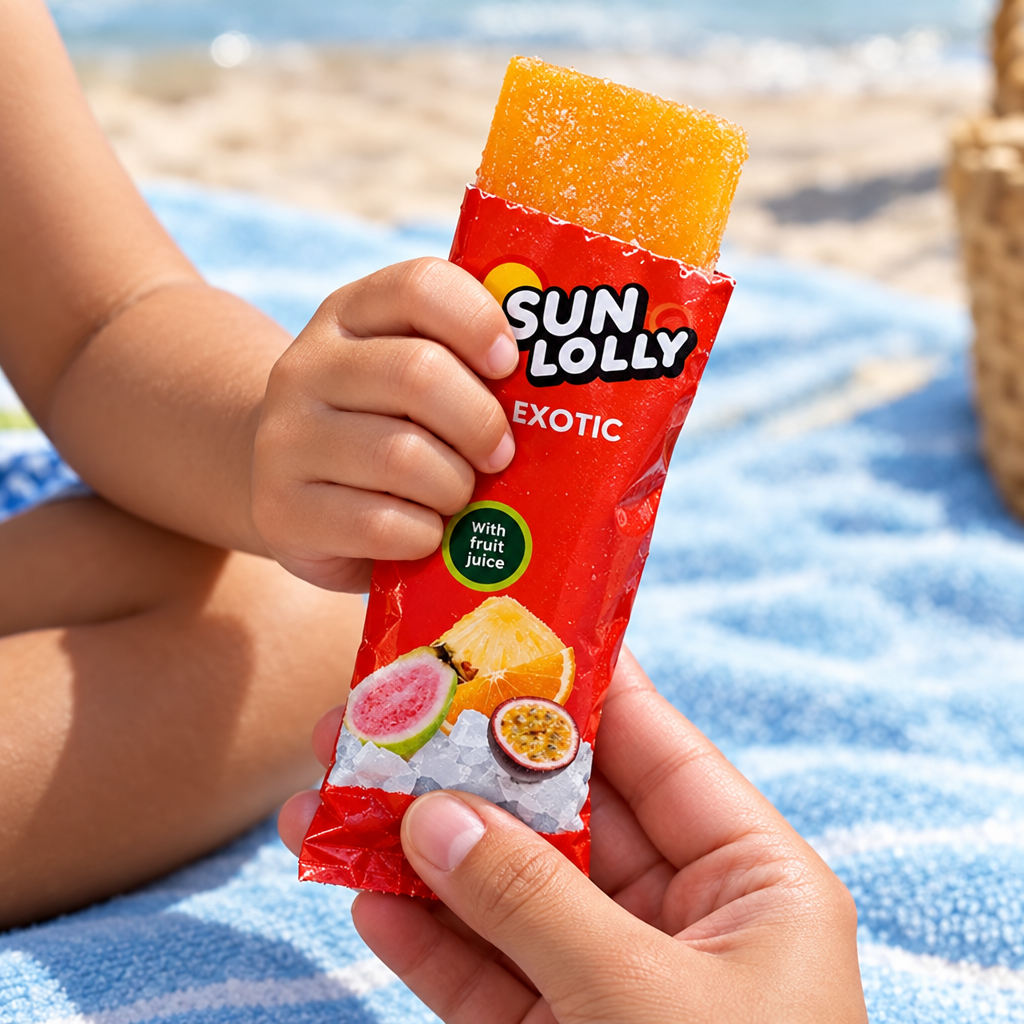 Nærbillede af Sun Lolly Exotic-is i barnets og forælderens hænder ved stranden