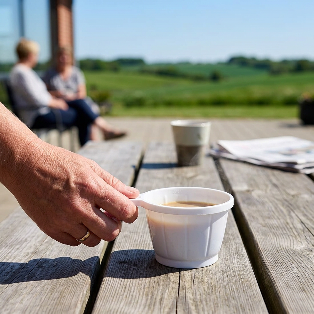Voksen sætter hvid kaffekop på udendørs bord ved grønne skoleomgivelser