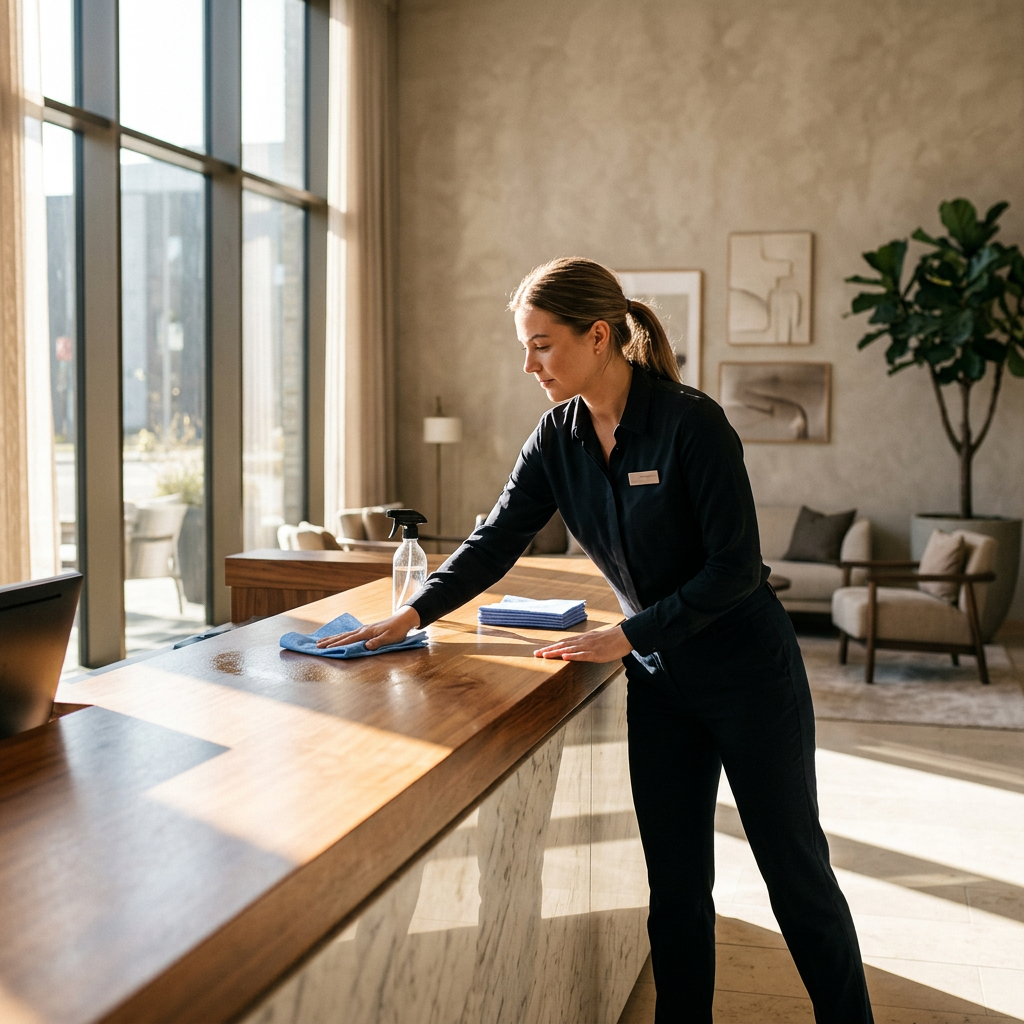 Medarbejder aftørrer en receptionsskranke med blå alt-mulig-klud i en solrig lobby.