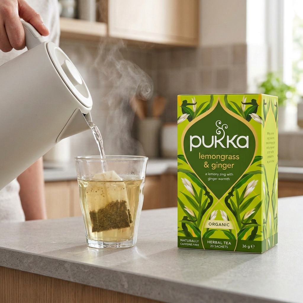 Pukka Lemongrass & Ginger under brygning med varmt vand i Picardie caféglas