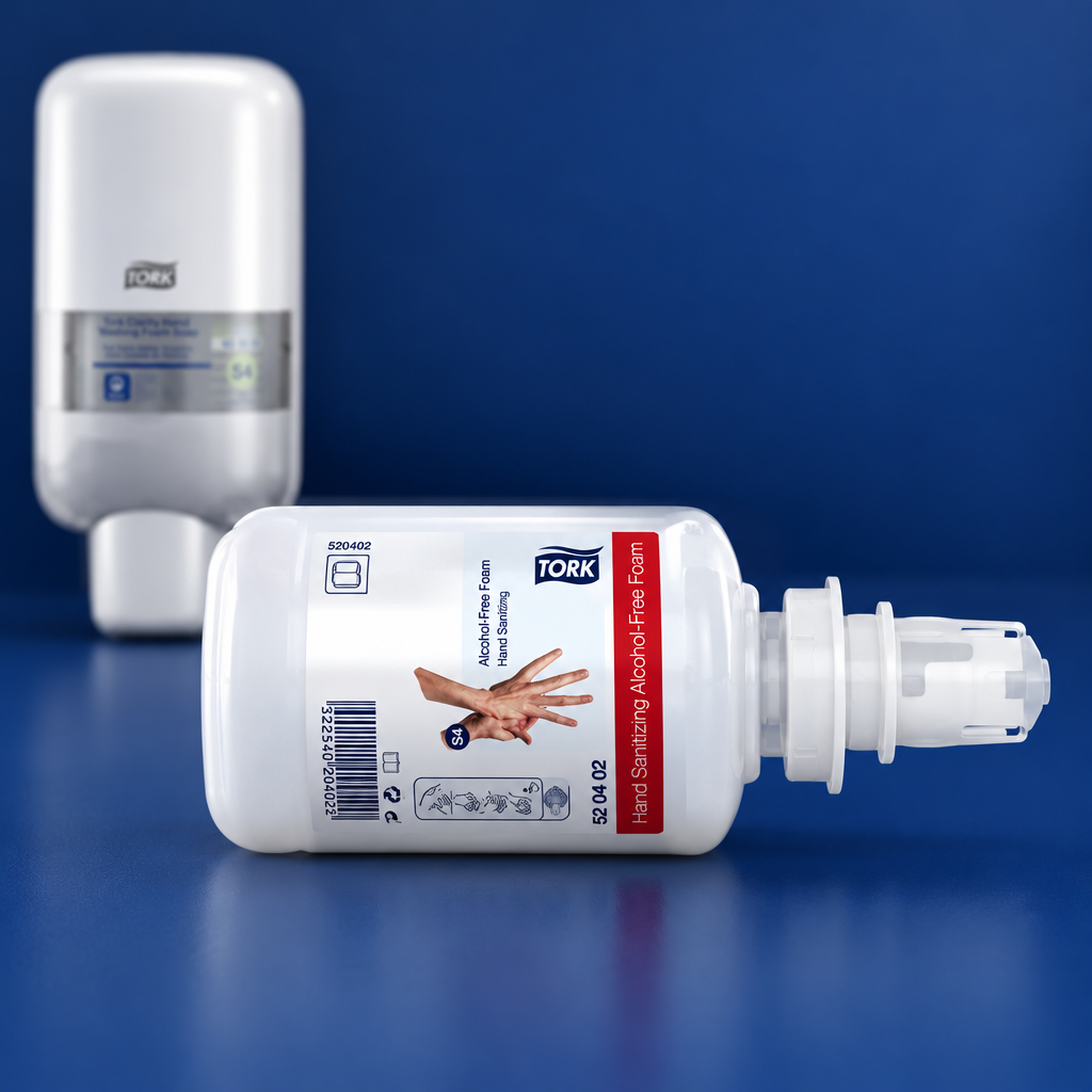 Detalje af Tork 520402-refill og pumpe med separat S4-dispenser i baggrunden