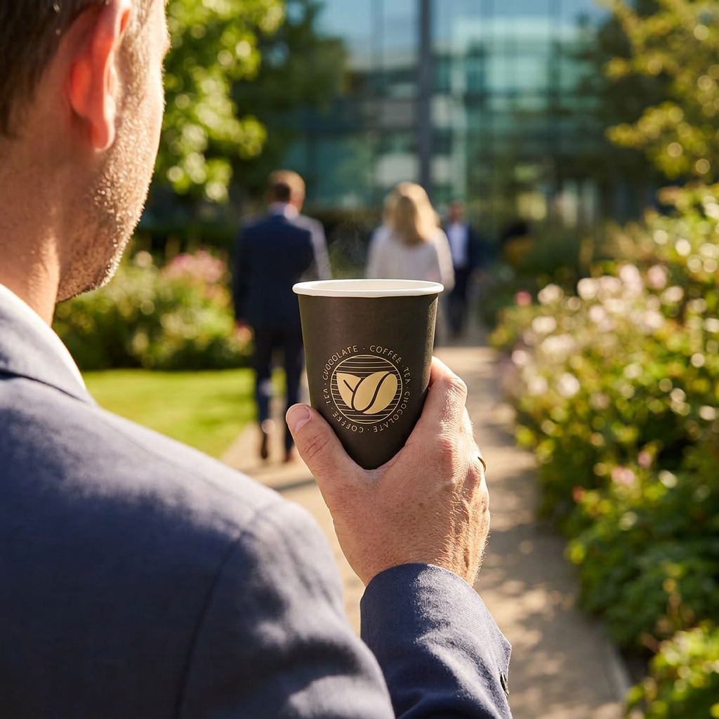 Voksen holder Beans kaffebæger ved solrig firmapause