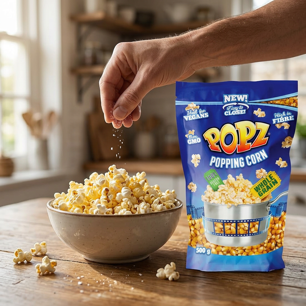 En hånd drysser salt over popcorn ved Popz majskerner 500 g