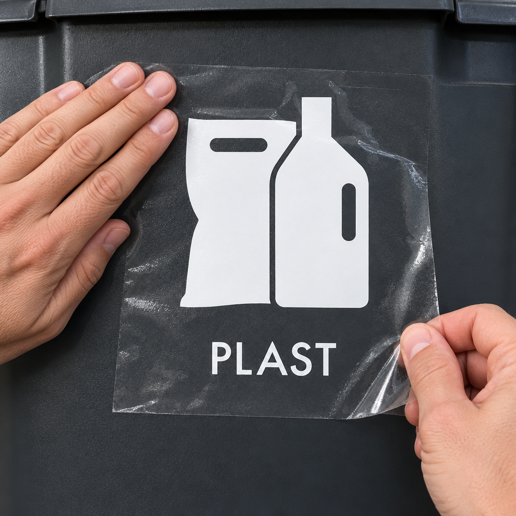 Montering af hvidt PLAST-piktogram med applikationstape på grå affaldsbeholder