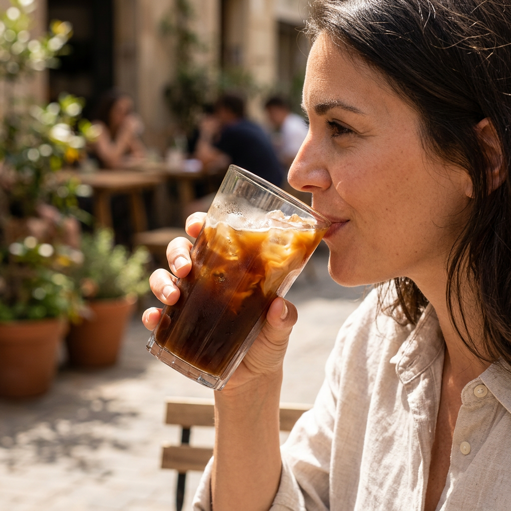 Voksen drikker iskaffe af et klart caféglas i solskin