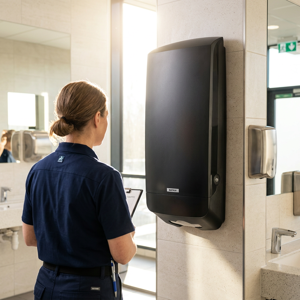 Medarbejder kontrollerer sort Katrin XL-dispenser ved håndvask