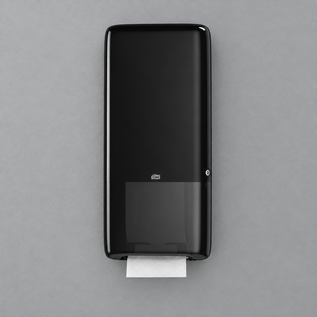 Sort Tork H5 PeakServe standarddispenser på kontorets toilet
