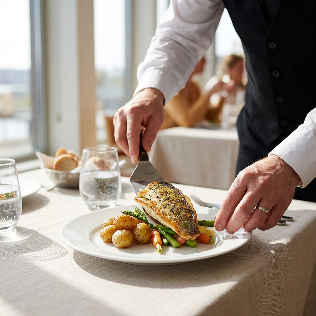 Fisk anrettes med palet på hvid tallerken