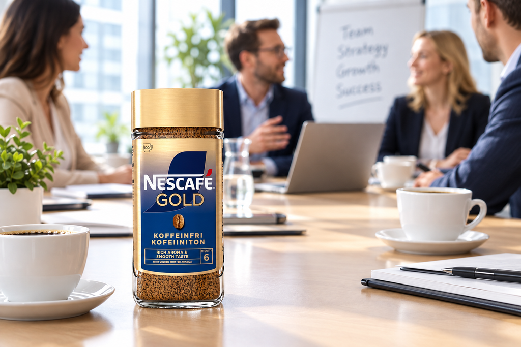 Miljøbillede, varenr. 3353: glaskrukke Nescafé Gold Koffeinfri på bord i mødelokale
