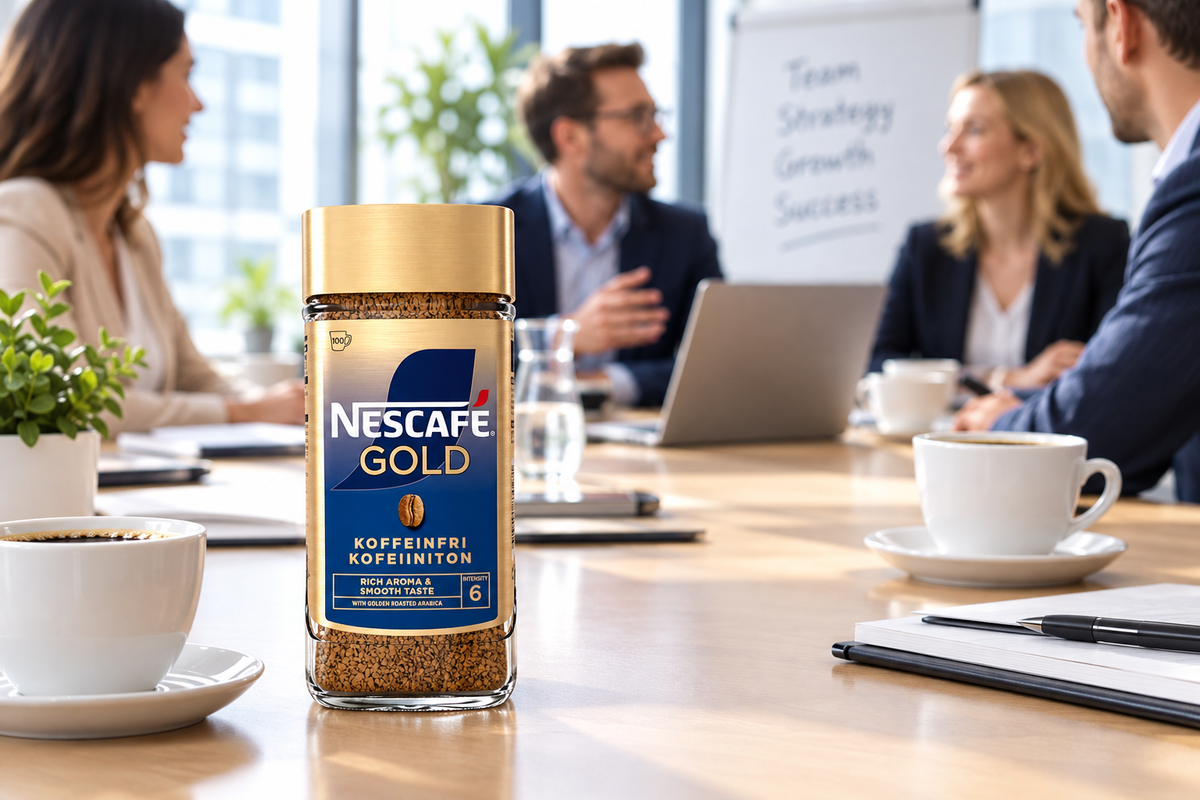 Miljøbillede, varenr. 3353: glaskrukke Nescafé Gold Koffeinfri på bord i mødelokale