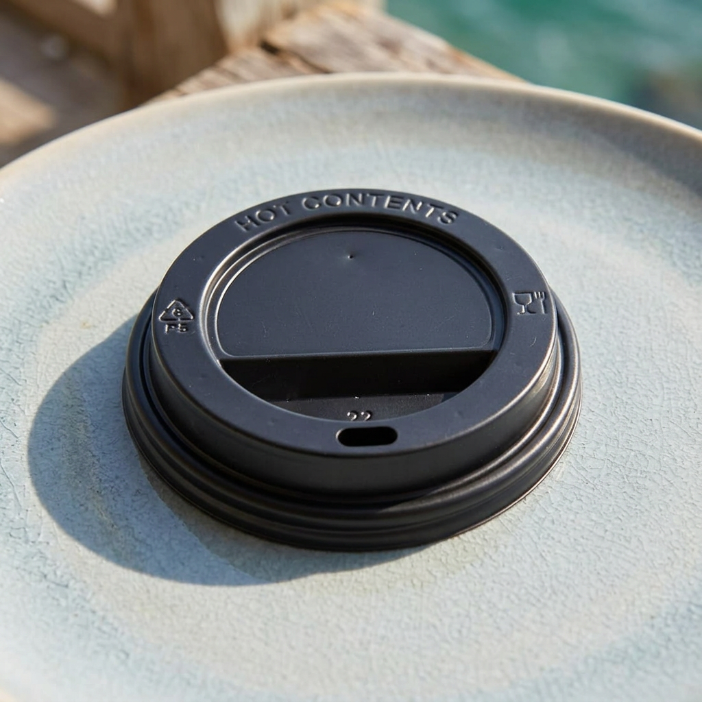 Sort drikkelåg på lyseblåt bord på solrig kystterrasse