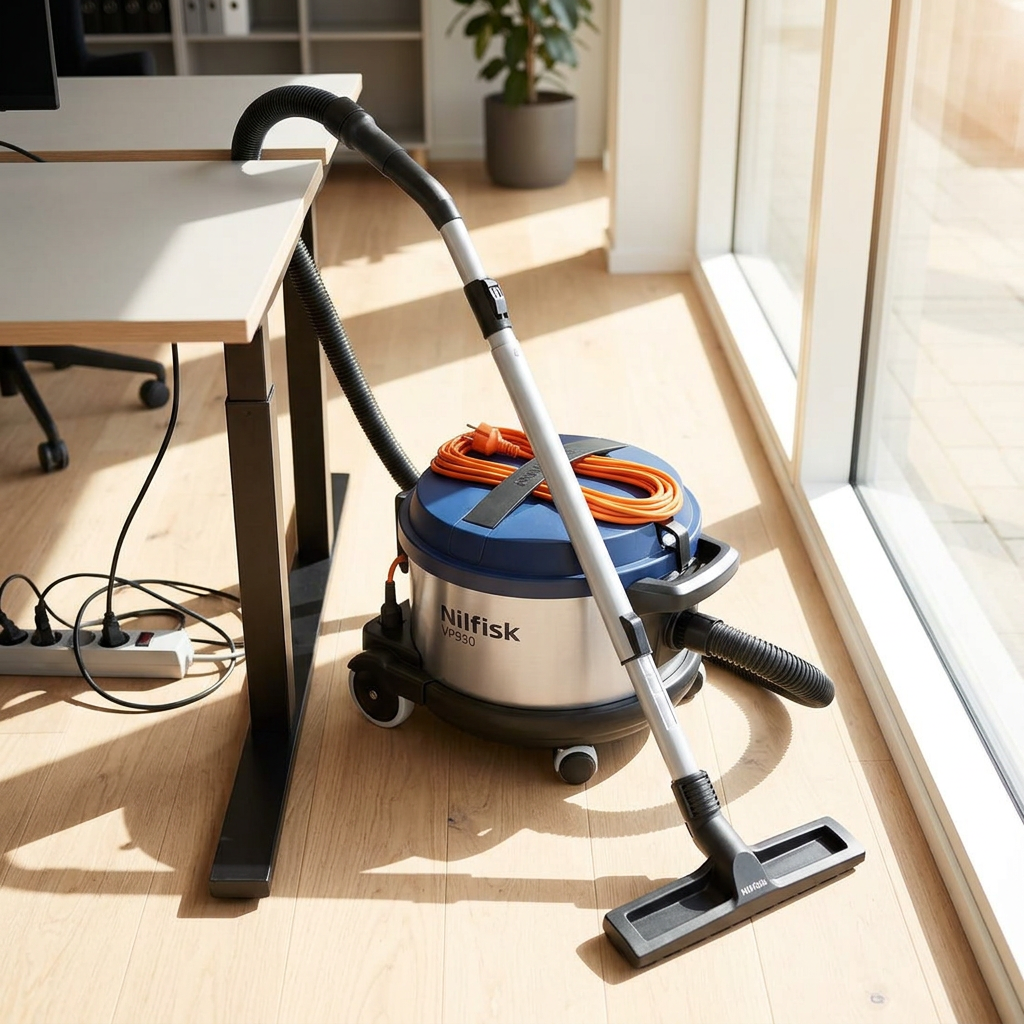 Nilfisk VP930 Blue Pro HEPA parkeret ved et skrivebord i solbeskinnet kontor. Genereret stemningsbillede.