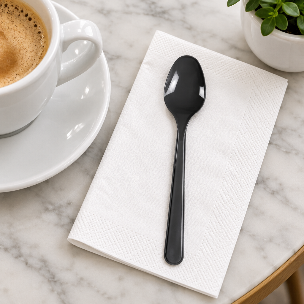 Grå flergangsteske på hvid serviet ved kaffe
