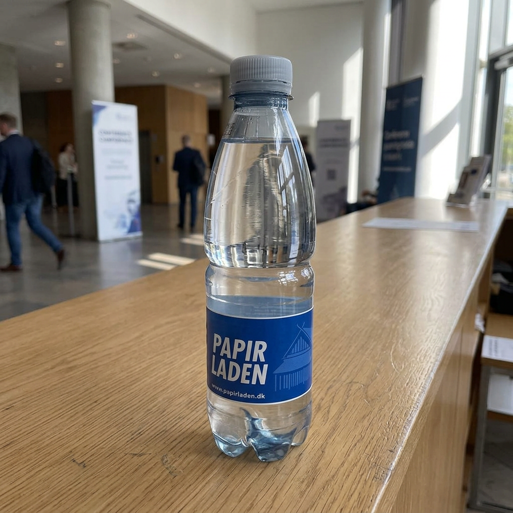 Logovand med Papirladens eksempeletiket på konferencens velkomstbord