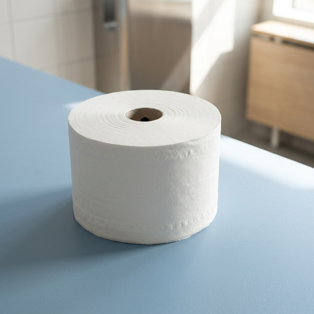 SmartOne T8-toiletrulle på blå bordflade i sollyse personalefaciliteter