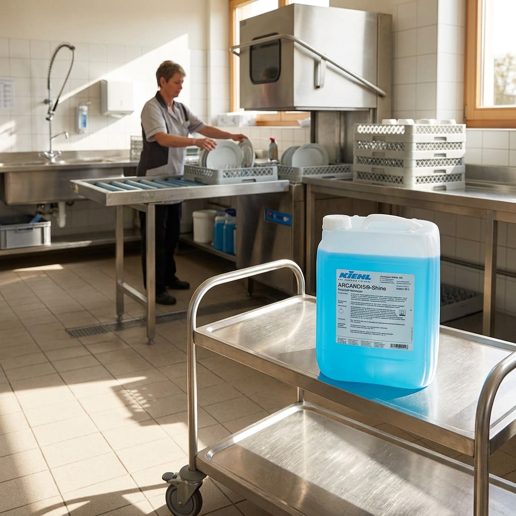Kiehl Arcandis-Shine 10 L på separat stålvogn i solrigt opvaskerum med voksen medarbejder