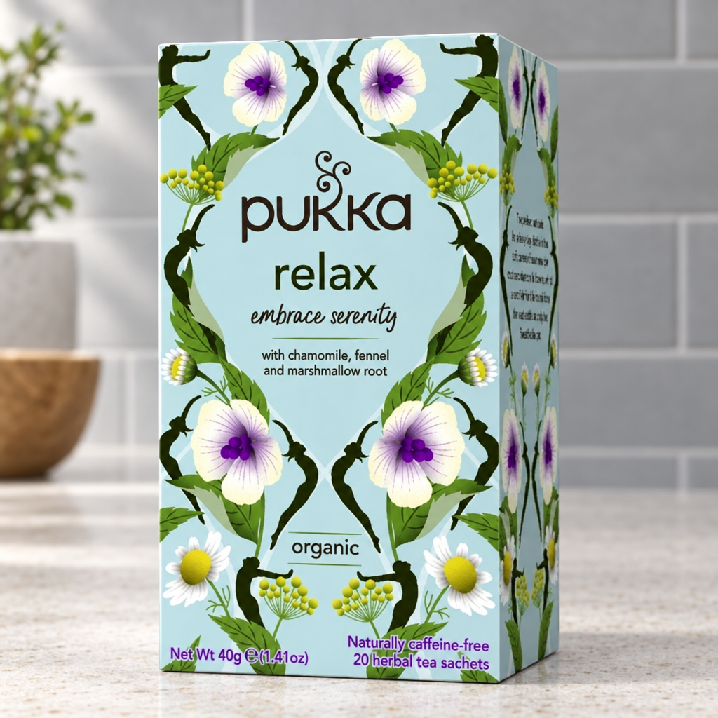 Nærbillede af Pukka Relax-pakkens lyseblå forside med blomster
