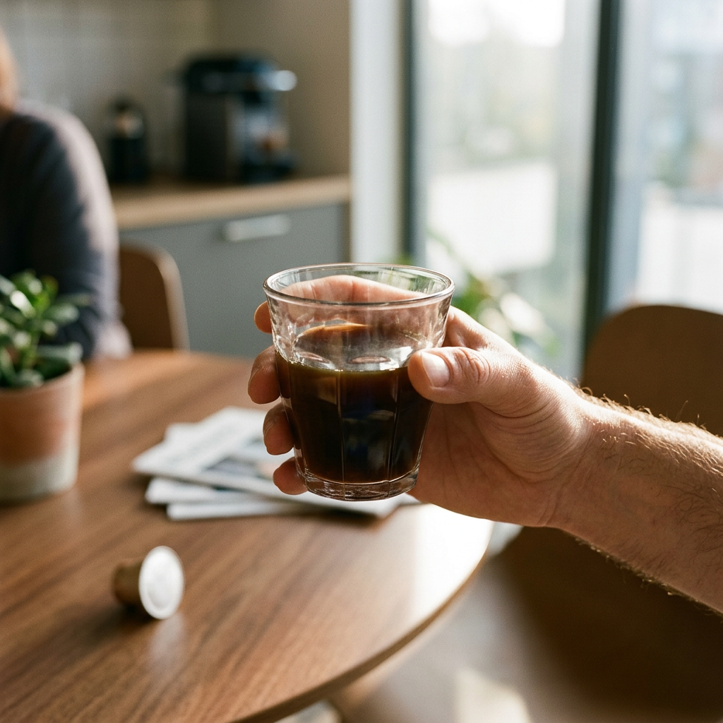Voksen holder caféglas med kaffe i sollyst personalekøkken