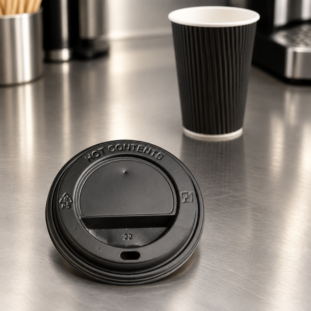 Sort kaffelåg i fokus på rustfri kaffestation med Ripple-bæger i baggrunden