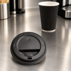 Sort kaffelåg i fokus på rustfri kaffestation med Ripple-bæger i baggrunden