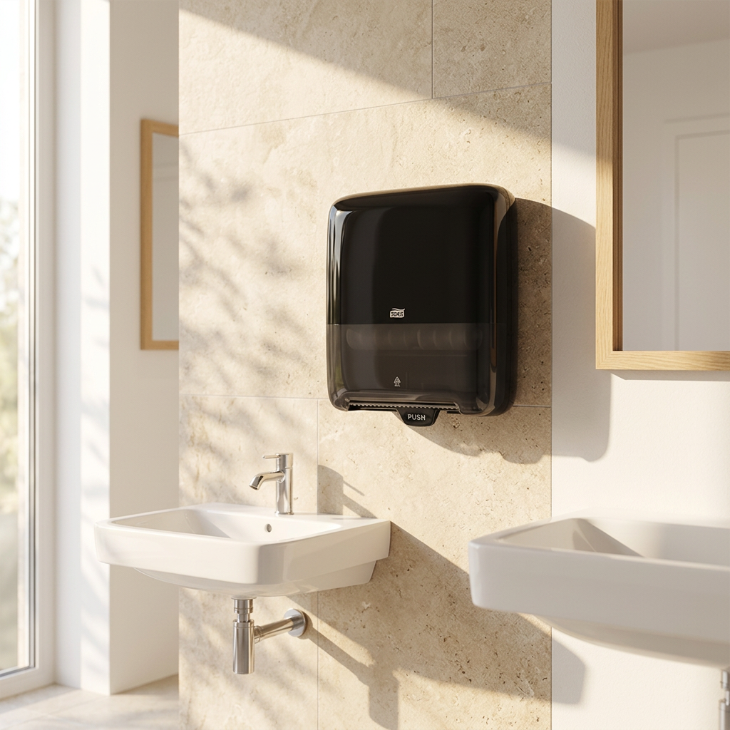 Sort Tork Matic H1 dispenser ved håndvask i sollyst personaletoilet
