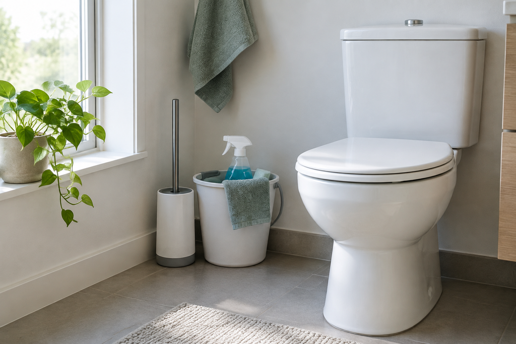 Stemningsbillede af rent badeværelse, ikke produktfoto af toiletbørsten