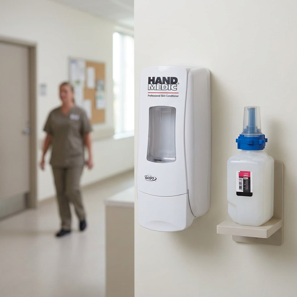 Hvid Hand Medic-dispenser i personaleområde med én passende 685 ml refill