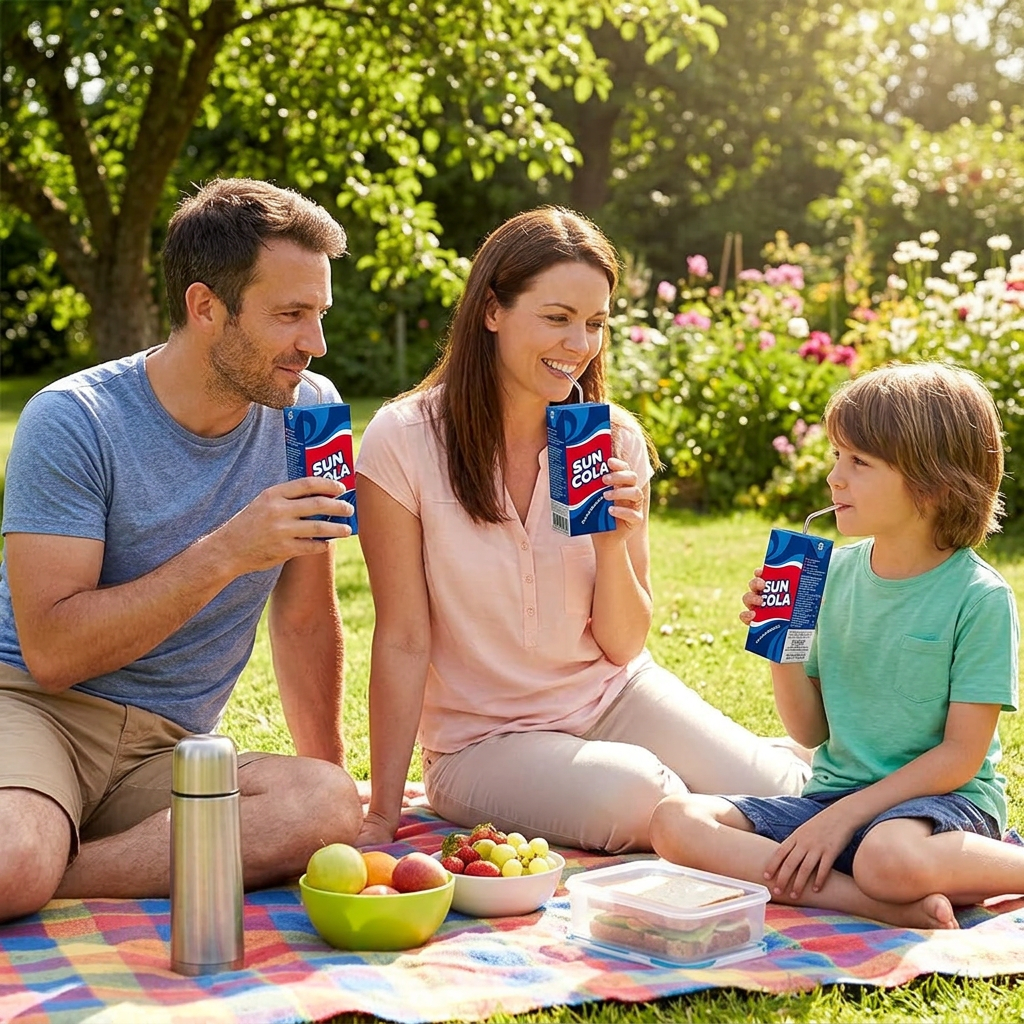 Familie drikker Suncola i en solrig have