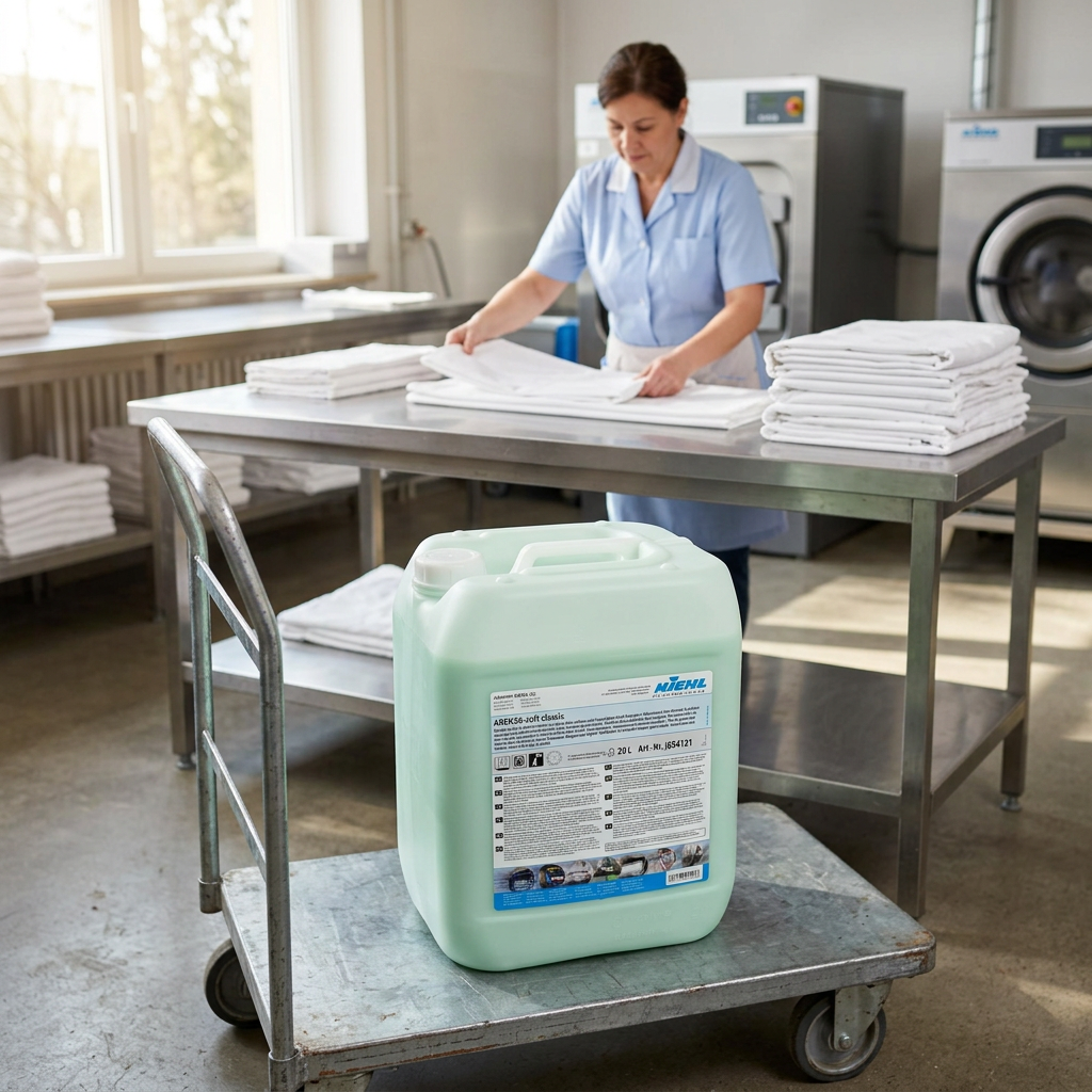Kiehl Arenas Soft Classic 20 L på en lav vogn i et sollyst vaskeri med en voksen, der folder linned.