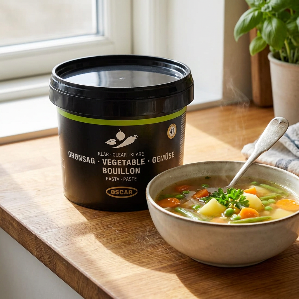 OSCAR grøntsagsbouillon ved en skål grøntsagssuppe i naturligt sollys