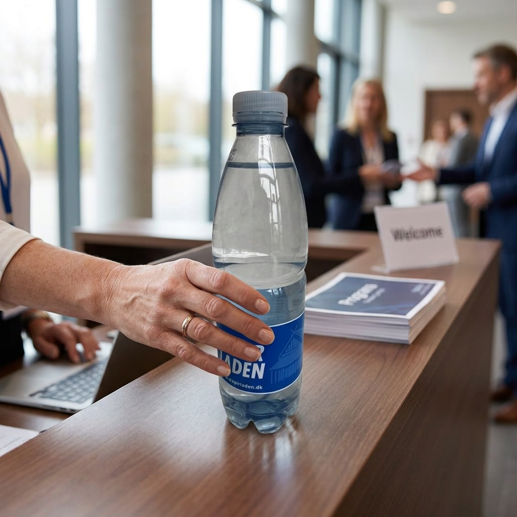 Voksen arrangør placerer logovand med Papirladens eksempeletiket på receptionsbord