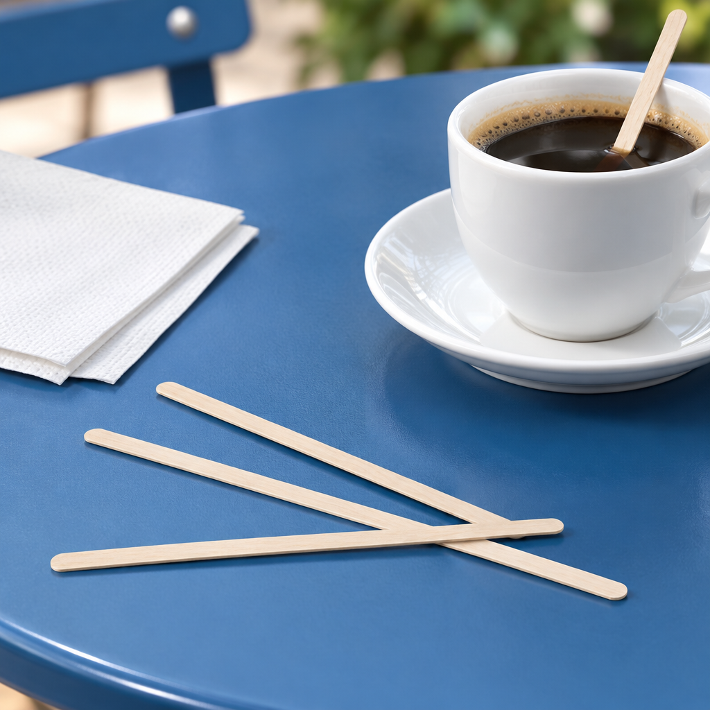 Rørepinde i træ på blåt cafébord med kaffekop og servietter