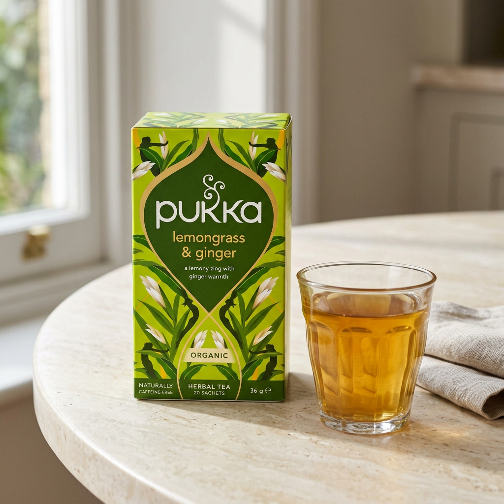 Pukka Lemongrass & Ginger med Picardie caféglas ved morgenbordet