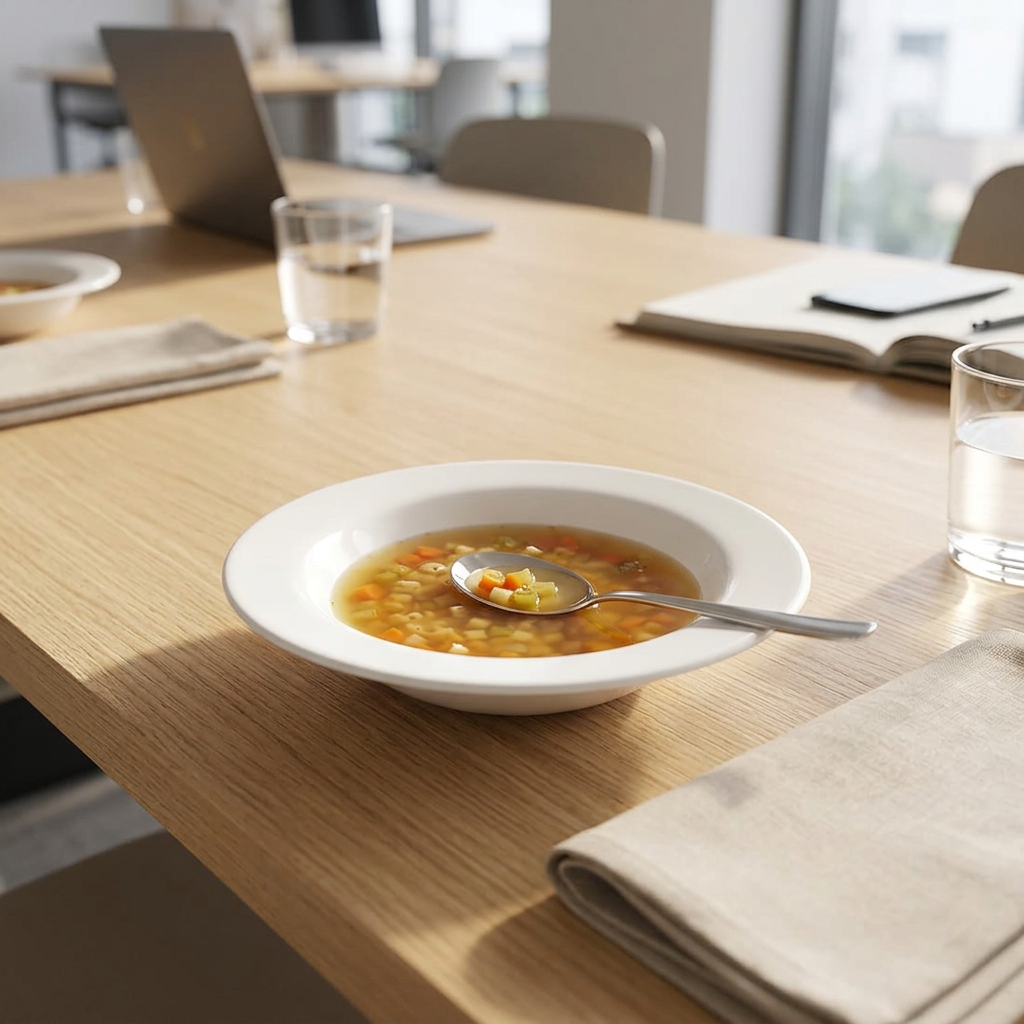Lille hvid, dyb tallerken med suppe ved frokostbord på arbejdsplads