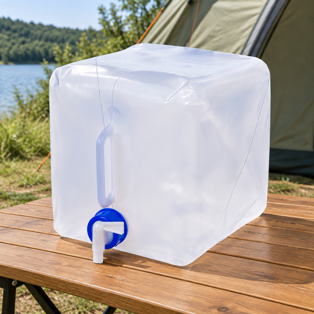 Sammenklappelig 10 liter vanddunk med taphane på campingbord
