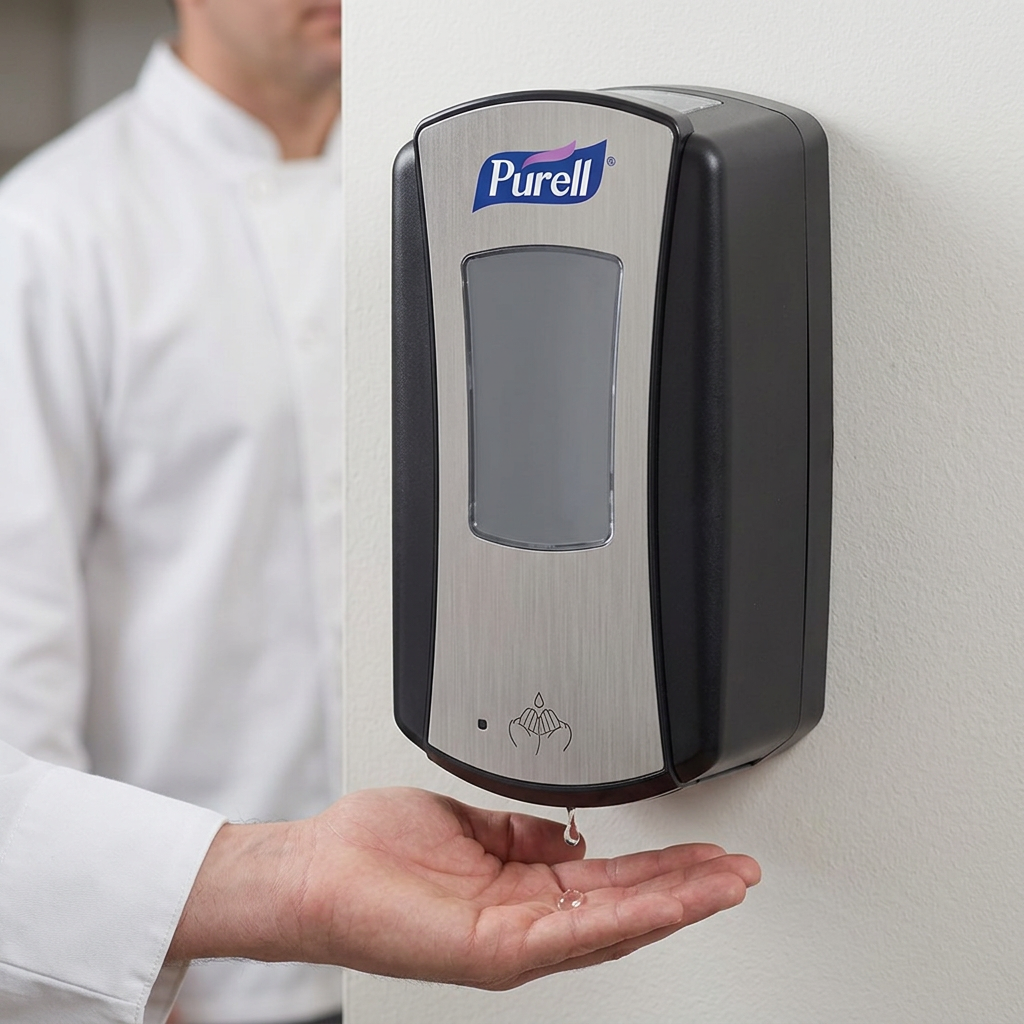Køkkenmedarbejder modtager håndsprit fra Purell LTX-12 i personaleområdet