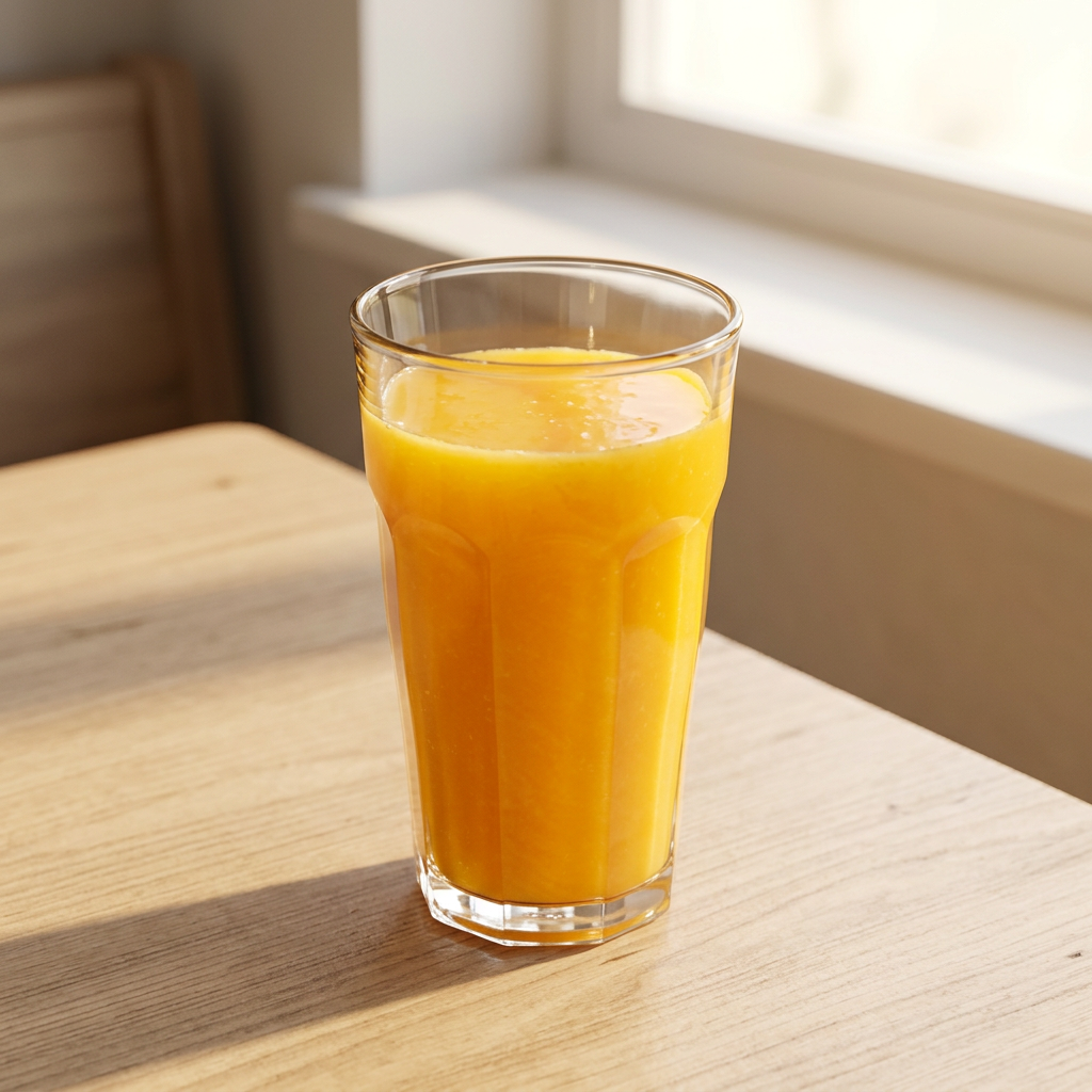 Appelsinjuice i et klart caféglas på et sollyst bord