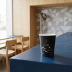 Sort kaffebæger 25 cl med motiv på blå bordplade i kantine