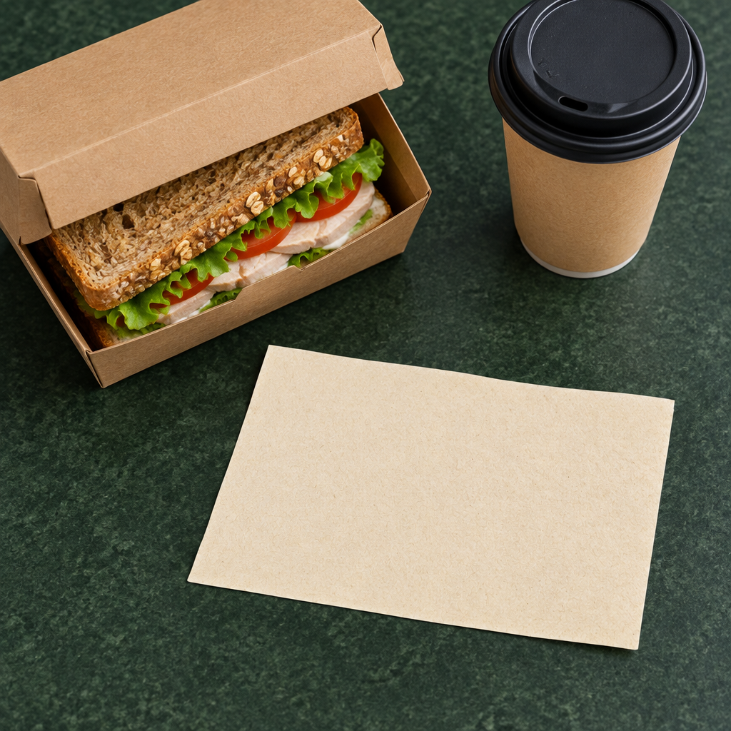 Naturfarvet Tork N4/N12 serviet ved takeaway-sandwich og kaffekop