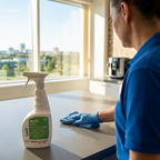 Stemningsbillede af medarbejder, der tørrer bord af med Leifi MultiSpray stående ved siden af