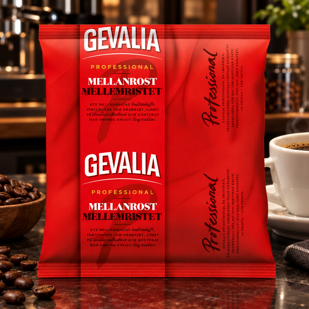 Gevalia Professional filterkaffe i rød pose ved kaffekop på cafébord, stemningsbillede