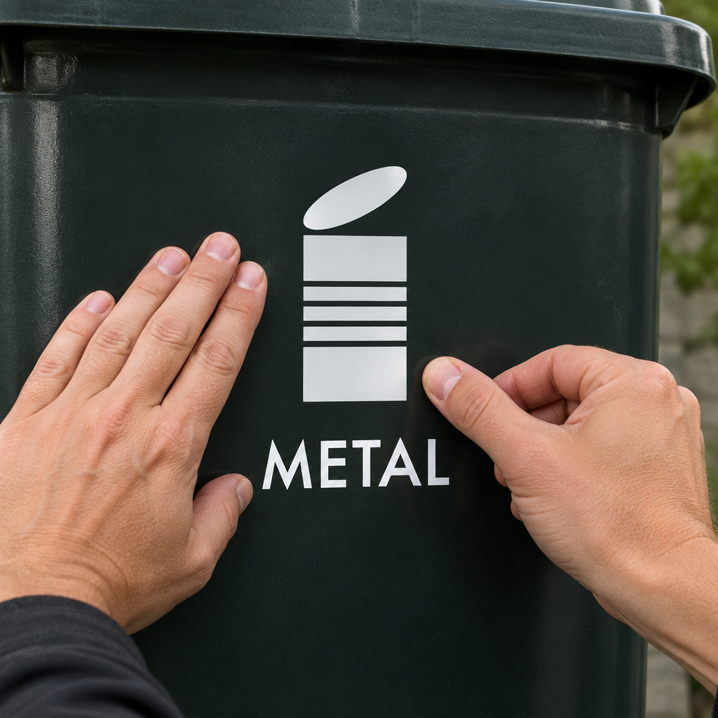 Hænder monterer hvid metalmærkning på mørk affaldsbeholder