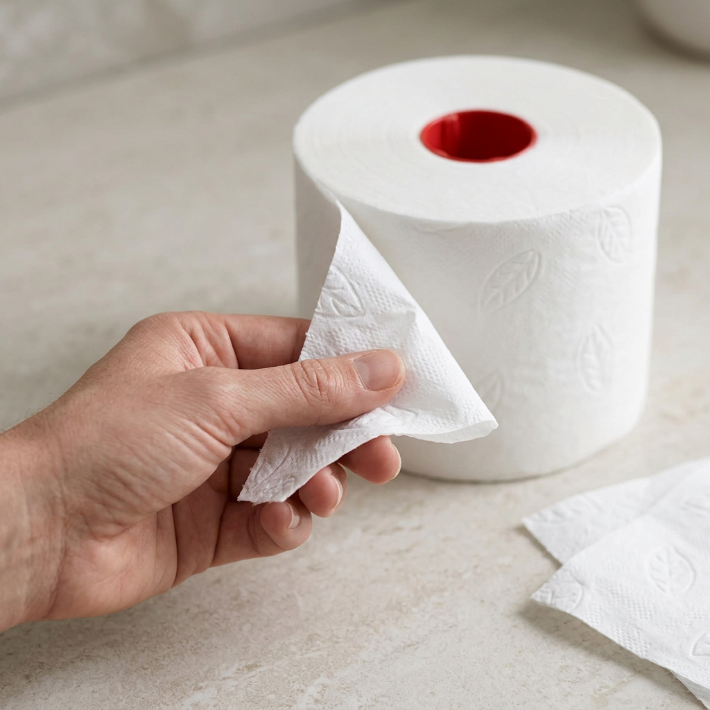 Voksen hånd holder hvidt præget papir fra Tork Extra Soft T6-toiletrulle
