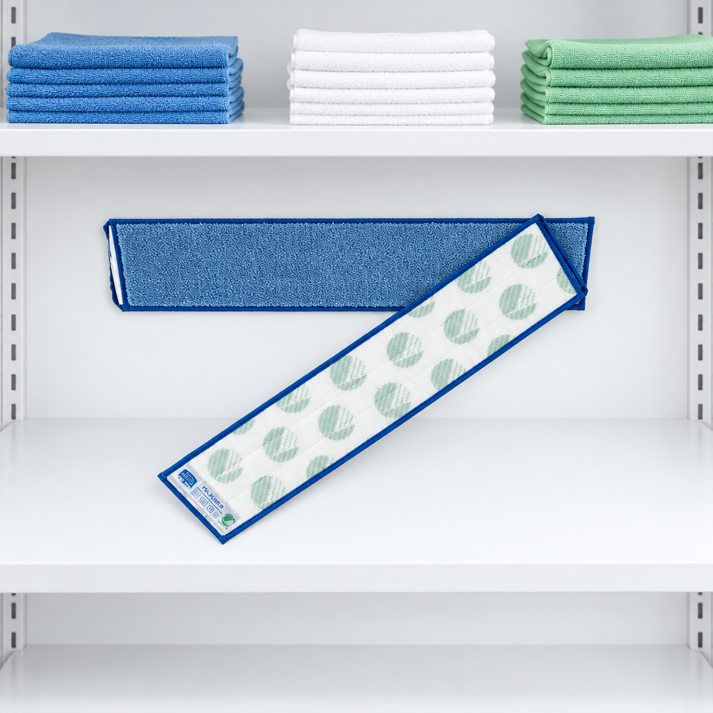 Blå Micro Vision 60 cm moppe med for- og bagside på hvid depothylde