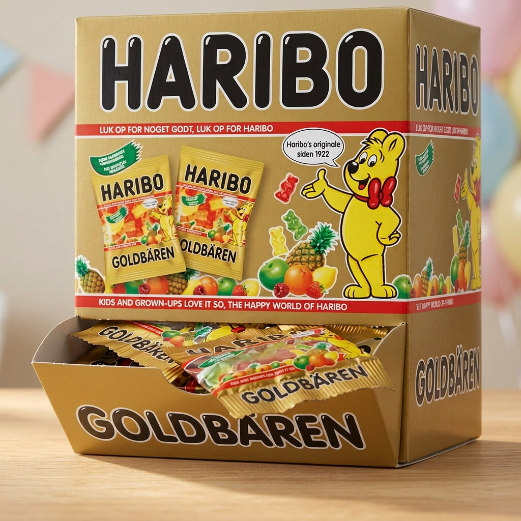 Haribo Guldbamser i displaykasse på et festbord med bløde farver