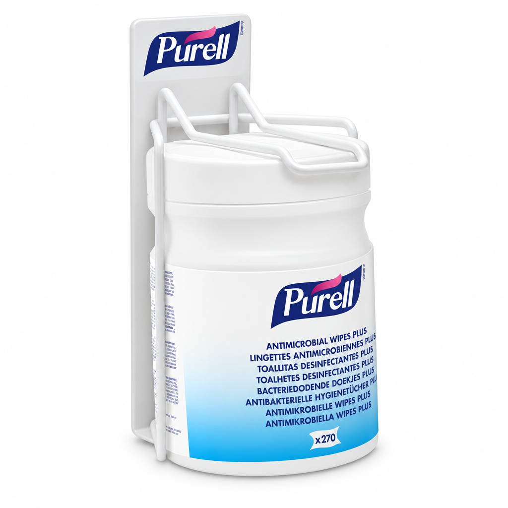 Purell-holder med illustrerende servietbøtte på hvid baggrund