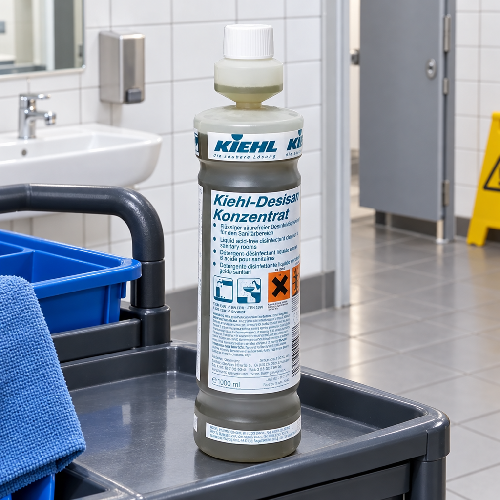 Kiehl Desisan 1 L doseringsflaske på rengøringsvogn i sanitetsrum