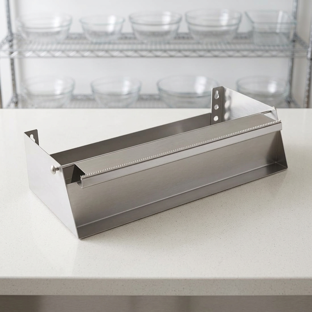 Dispenser til film og folie på lyst bord i cateringkøkken, stemningsbillede