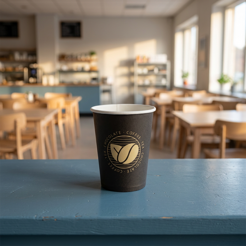 Beans-kaffebæger 24 cl på blå bordplade i lys kantine